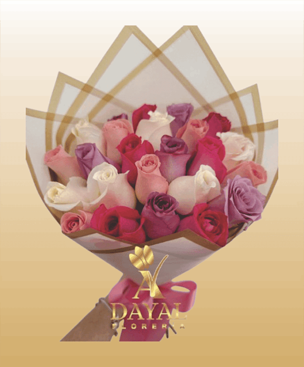 16 Ramo con 24 Rosas Colores Surtidos con Envoltura mas Lazo Rosa de Cinta Satinada