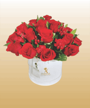 Box Blanco con Rosas y Claveles Rojos mas fino Follaje