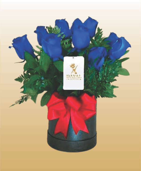 Box con 12 Rosas Azules mas Fino Follaje y Lazo
